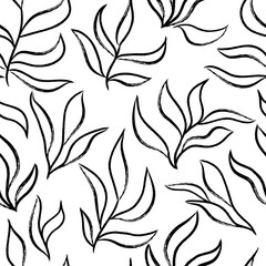 Fototapeta premium Seamless pattern with simple outline leaves and branches. Hand drawn black brush painted plants. Botanical seamless background. Vector illustration