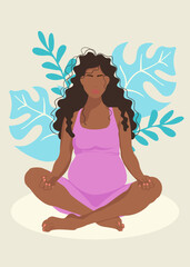 Pregnant woman doing yoga with nature background. Cute vector illustration in flat style.
