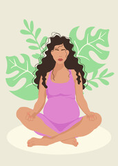Pregnant woman doing yoga with nature background. Cute vector illustration in flat style.