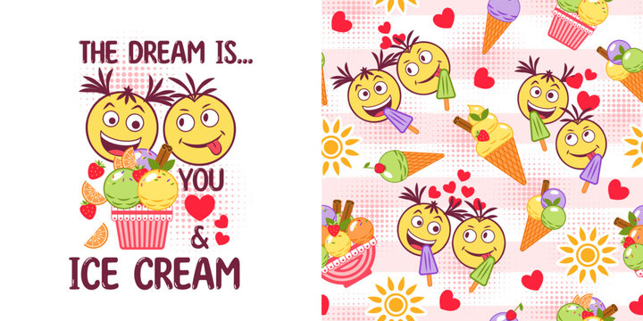 Set with romantic colorful label, pattern with ice cream sundae, fruits, crazy emoji love couple, text, halftone shapes, hearts. Simple minimal style. For prints, clothing, t shirt design