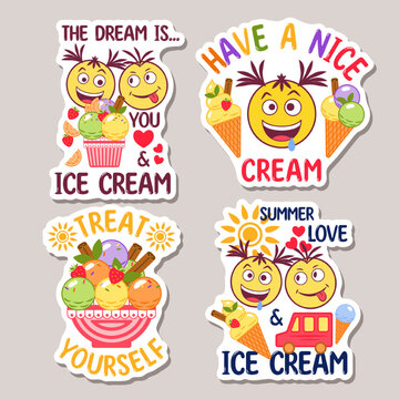 Set of funny romantic colorful stickers with ice cream sundae, crazy emoji love couple, text, hearts. Simple minimal style. For prints, clothing, t shirt design
