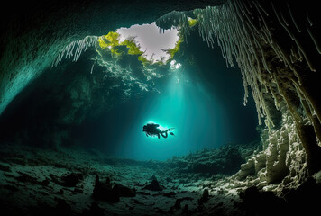 Obraz premium hazardous caverns, diving in the cenotes, Mexico Underwater view of a dark tunnel while scuba diving in Yucatan. Generative AI