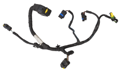 A cable of matted wires of different colors with connectors in the electrical wiring of the car. Internet line in the work of the provider.