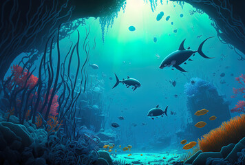 Fototapeta na wymiar scenery in a cartoon underwater. Generative AI