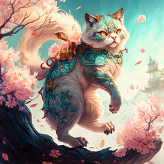 cat with peach blossom