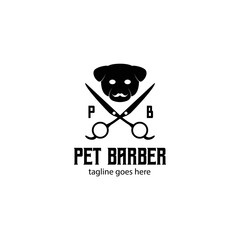 Pet Barber logo design template with dog icon and salon tools barber. Perfect for business, technology, mobile, app, etc