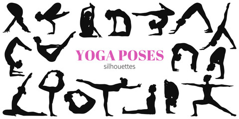 Set of female silhouettes doing yoga and fitness.