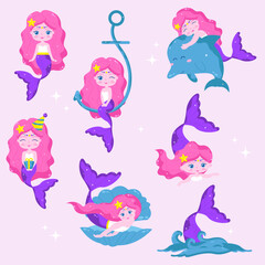 Fototapeta na wymiar Collection of cartoon mermaid character. Vector
