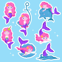 Obraz na płótnie Canvas Collection of cartoon mermaid character stickers. Vector