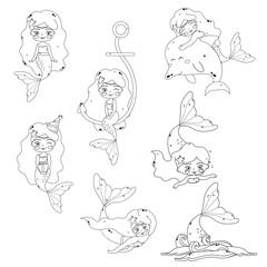 Collection of cartoon outline of mermaid character. Vector
