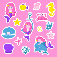 Set of sticker elements underwater world of mermaid, fish, seahorse, star, crab.