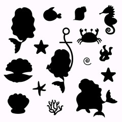 Set of elements silhouette underwater world of mermaid, fish, seahorse, star, crab.