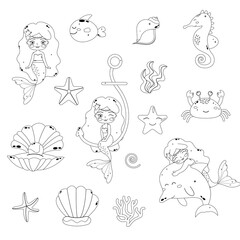 Set of elements outline underwater world of mermaid, fish, seahorse, star, crab.