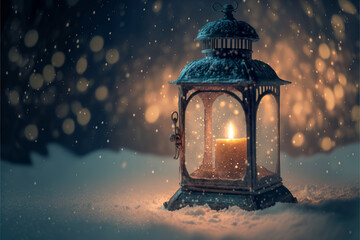 Christmas lantern on snow in winter. Generative AI.