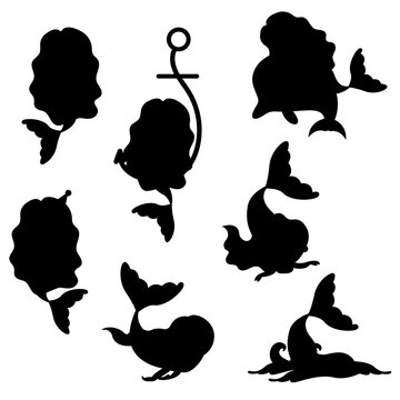 Collection of cartoon silhouettes of mermaid character. Vector