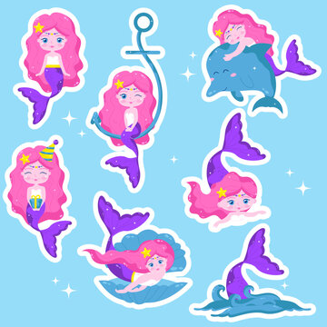 Collection of cartoon mermaid character stickers. Vector