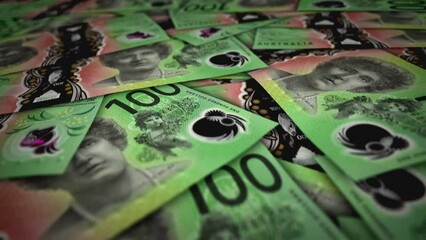 Australian Dollar 100 AUD banknote surface. Flying over Australia money note. 3D abstract concept of business, inflation, economy, finance, crisis and banking. Seamless and looped.