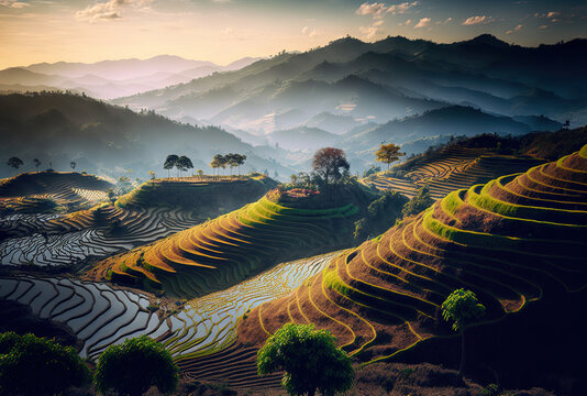 Rice terraces at Chumphon, Thailand, next to the doi tapang viewpoint. Generative AI