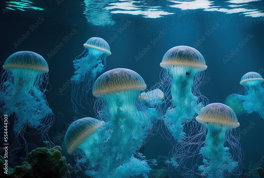 Wall mural in an aquarium, a group of light blue jellyfish swims. generative ai