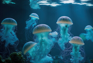 In an aquarium, a group of light blue jellyfish swims. Generative AI