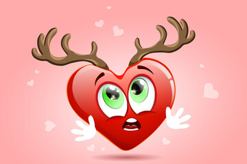 Scared cartoon HEART with open mouth and deer horns. Adultery, betrayal love concept