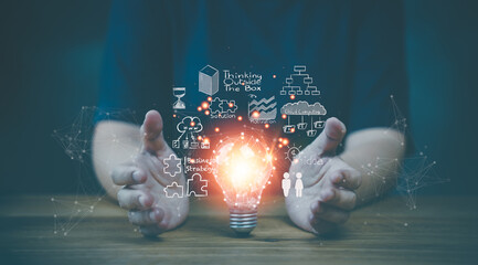 Concept Innovation, inspiration, creative solution idea for modern business intelligence technology. Success creativity invention, thinking imagination digital marketing online. Hand hold light blub.