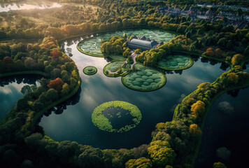 A stunning aerial picture of Copenhagen Botanical Garden and Kew Gardens, which are both located in the city's center and are the national parks of Denmark. Generative AI