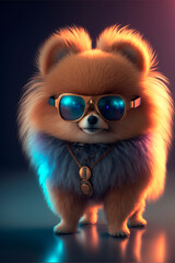 Fototapeta premium Cute Pomeranian in futuristic 3d glasses.Steampunk dog with glasses.Drawing cyberpunk painting.Digital designer art.Abstract surreal illustration.3D render