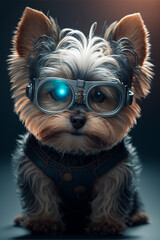 Cute Yorkshire Terrier in futuristic 3d glasses.Steampunk dog with glasses.Drawing cyberpunk painting.Digital designer art.Abstract surreal illustration.3D render