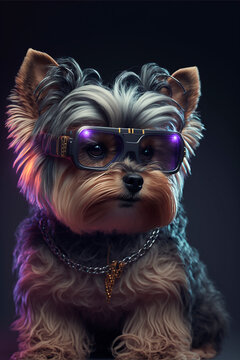 Cute Yorkshire Terrier in futuristic 3d glasses.Steampunk dog with glasses.Drawing cyberpunk painting.Digital designer art.Abstract surreal illustration.3D render