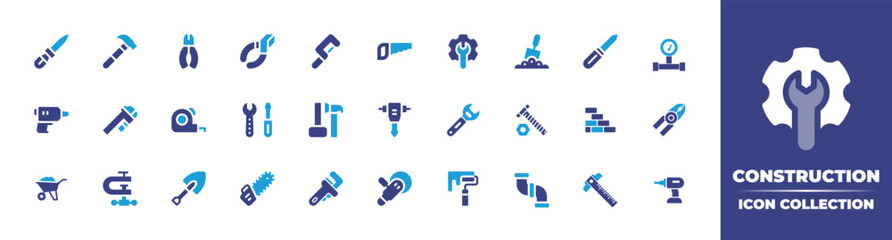 Construction icon collection. Duotone color. Vector illustration. Containing awl, hammer, plier, pliers, hand saw, saw, setting, shovel, screwdriver, meter, caulk gun, caliper, tape measure, and more.