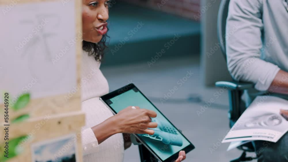 Poster Engineering design, presentation and black woman in meeting with tablet for planning, ideas and project. Creative collaboration and designer team with 3d digital blueprint of prototype model
