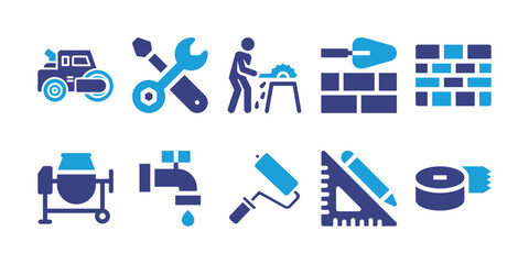 Fototapeta na wymiar Construction icon set. Duotone color. Vector illustration. Containing road roller, wrench, saw, brick wall, brick, concrete mixer, water pipe, roll paint brush, triangle, insulating tape.