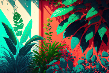 Fototapeta na wymiar With green tropical plants and a brightly painted red and turquoise wall, sunshine and shadows are present. Background of spring and summer. Generative AI