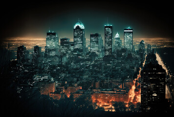 View of Montreal's metropolitan towers at night from Mount Royal. Generative AI