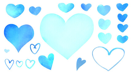 青色や水色のハートマークの水彩風イラストセット