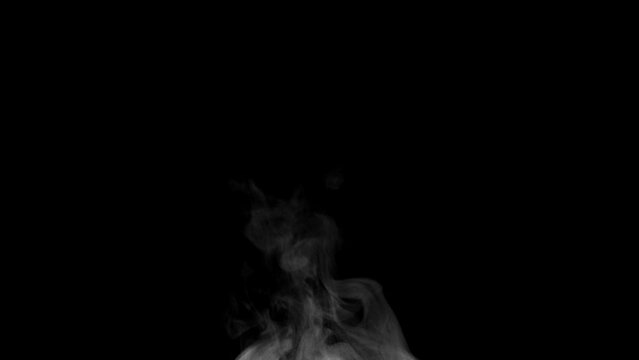 White steam isolated on black. Trickle of Steam Slowly Rising from the Cup. White steam rises graceful twists on a black background. Footage is perfect for the layer with different blending modes.