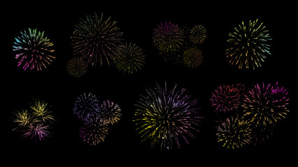 Set of fireworks isolated on black background. High resolution image.