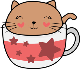 Colorful Cute Heart Cat in a Coffee Cup