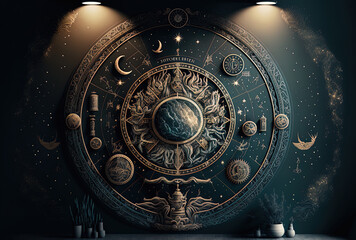 Space backdrop with a zodiac wheel. Generative AI