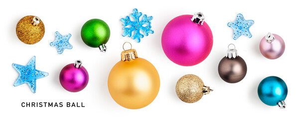 Fototapeta na wymiar Colorful christmas balls and snowflakes isolated on white background.