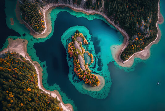 Aerial photo of Slovenia's Most Na Soci lake with lovely hues, close to Tolmin. Generative AI