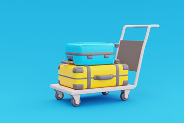 3D Suitcase on blue background, Tourism and travel concept, holiday vacation, worldwide trip journey, 3d rendering.