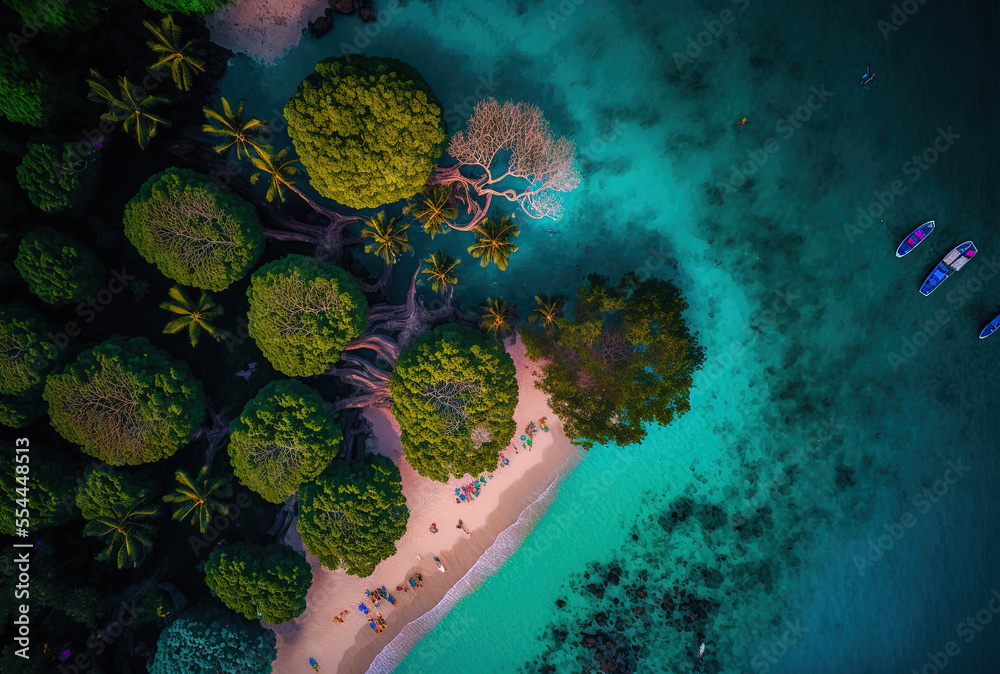 Wall mural aerial drone top view shows a group of joyful individuals unwinding at a tropical beach after sunset