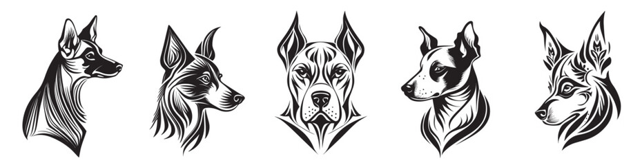 Set of dog tattoos. Isolated vector illustrations on white background. Collection of different pets. Species design.  Set #1