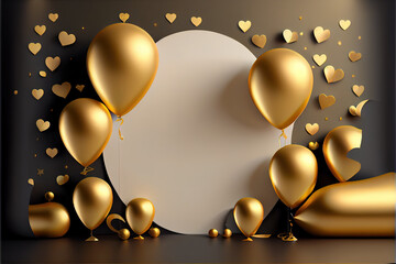 Chic birthday or anniversary backdrop with a 3D golden heart, white and gold balloons, surrounded by floating heart confetti.  