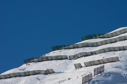 Avalanche protection barriers on a snow slope