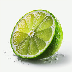Fototapeta na wymiar Green fresh lime cut half with leaves isolated on white background