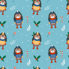 Cute hedgehog pattern, winter animal. Baby boy autumn graphic print for childish fabric, sweet woodland. Characters with snowflakes. Decor textile, wrapping paper. Vector seamless tidy texture