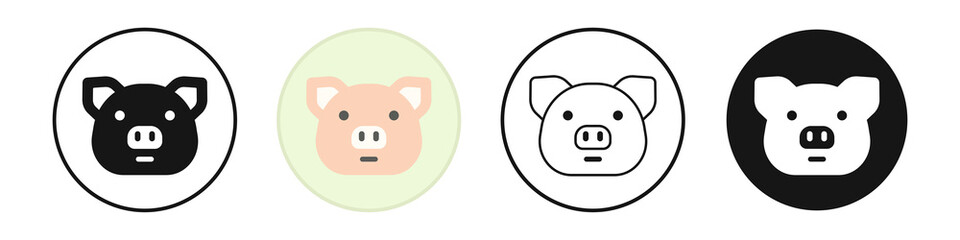 Piglet icon set. Pig snout, silhouette and outline piggy head
